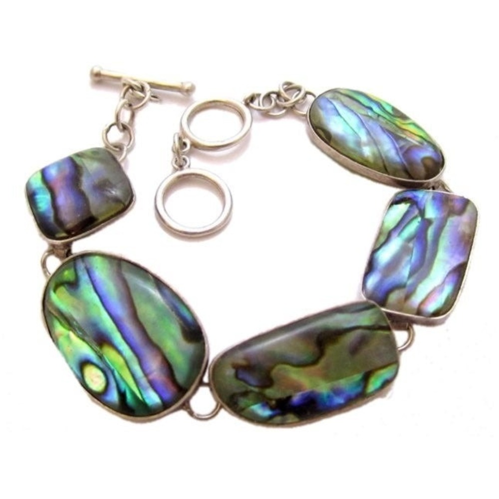 LUCAS LAMETH 925 LUC STERLING SILVER ABALONE SHELL LINK‎ BRACELET ADJUSTABLE